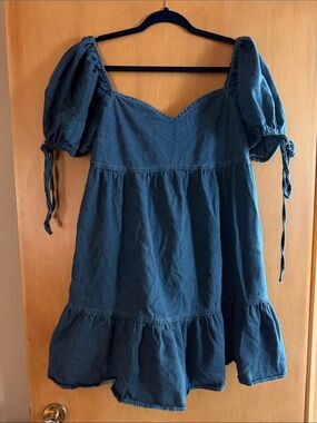Denim Babydoll Dress with Puff Sleeves - Blue